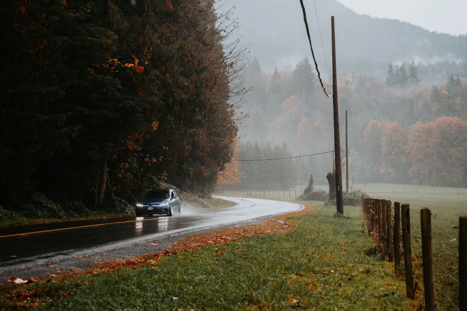 Car navigating a misty forest road in autumn, surrounded by colorful trees and a gentle fog.